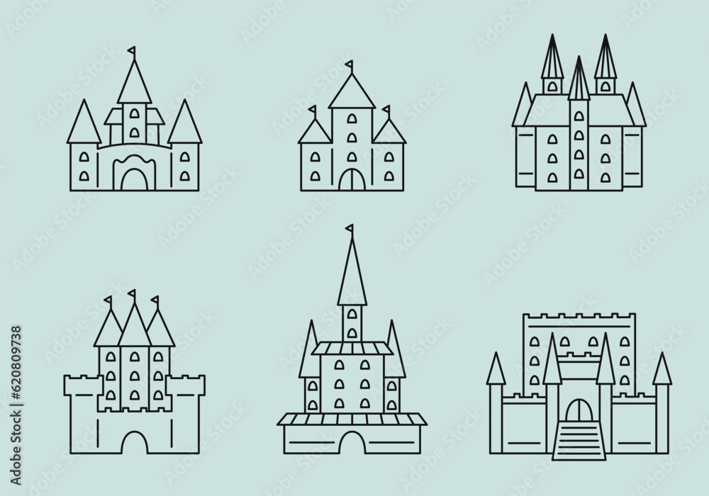 Set of different castles. Medieval buildings in outline style.