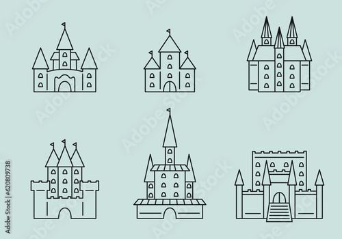 Set of different castles. Medieval buildings in outline style.