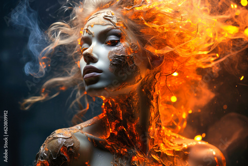 Abstract portrait of fire disintegrating woman, bow down, side view , Generative Ai