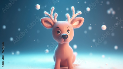 3d cute reindeer mascot character design in winter eve background. Merry christmas and happy new year banner design concept. Generative AI © ribelco