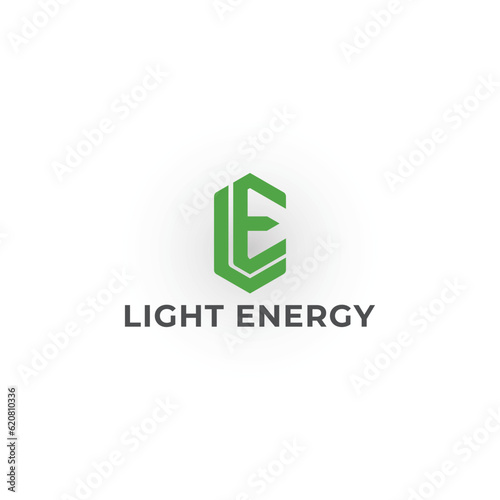 Abstract initial letter LE or EL logo in green color isolated in white background. LE L E Logo Emblem Hexagon Capital Letter Modern Template. Green hexagon letter LE logo for green energy company logo photo