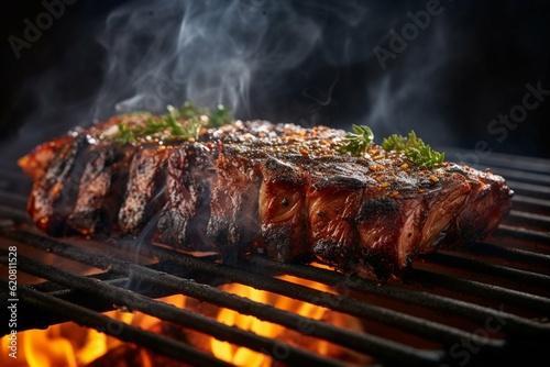 Steaks on a grill with flames and smoke photo