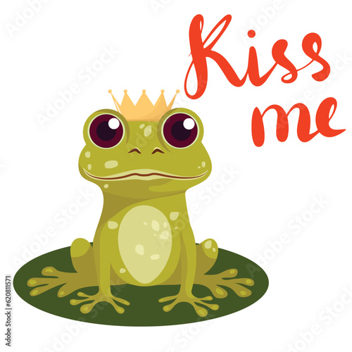 Cute frog says Kiss me! Vector illustration. Card with cute little frog and inscription kiss me