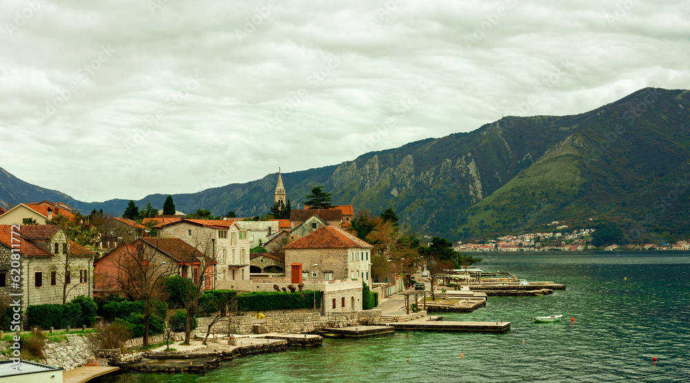 Landscape of the coast of the Bay of Kotor with old roman buildings, Dobrota Montenegro