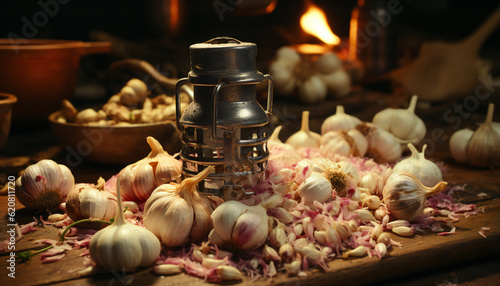 Still life of garlic heads and teeth in a kitchen with a warm light. Illustration AI photo