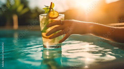 Fotografia Beautiful American female hand holding Mojito Cocktail in glass garnished with mint on hotel resort, woman relaxing, drinking, swimming pool background, bokeh, summer, bright sunlight, AI Generated