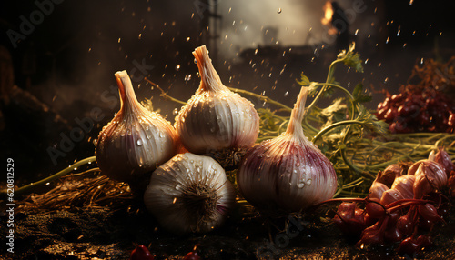 Pictoric still life of garlic heads. Illustration AI photo