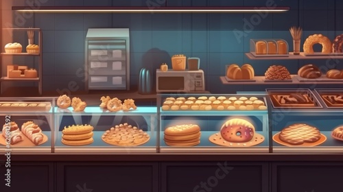 Bakery showcase with delicious fresh pastries, buns, bread, long loaf and cakes. Perarni or coffee shop counter with appetizing goods laid out. AI generated