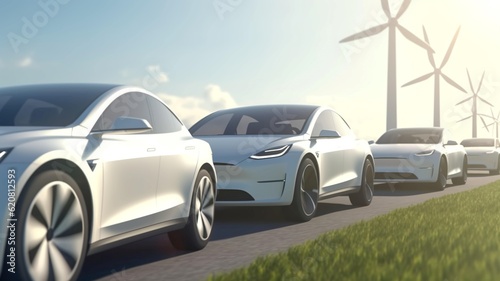 Electric vehicles and wind farms. The concept of environmentally friendly transport of the future and green energy. Electric cars and wind generators. AI generated