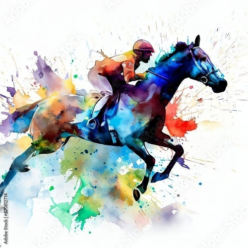 Racing horse with jockey, equestrian sport, water color paints. AI Generated Image.