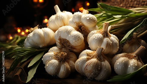 Recreation artistic of a classic still life of garlics heads with drops water. Illustration AI photo