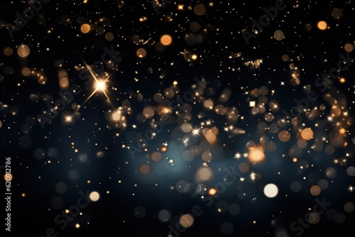 Image of stars floating over light spots on black background, bokeh, blurry, sparks. Made with Generative AI