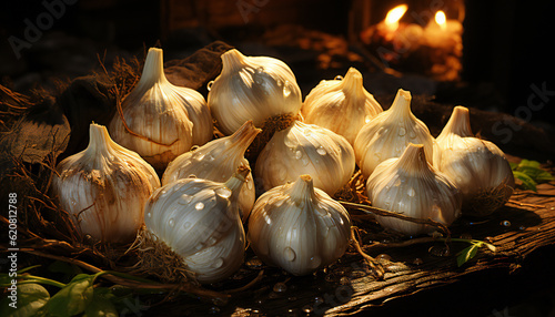 Pictoric still life of garlic heads together with a warm light. Illustration AI photo