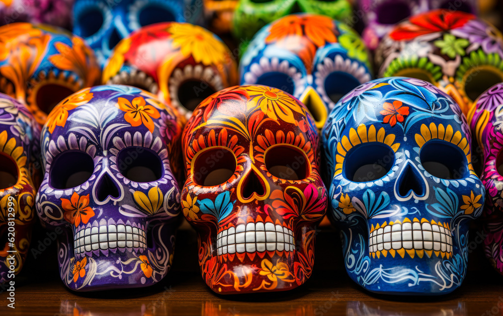Celebrating Mexican Tradition: Colorful Day of the Dead Skulls. Mexican colorful skulls. Mexican ceramic pottery Day of the Dead (Dia de los Muertos) skulls