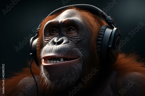 A happy ape wearing headphones listens to music. Generative AI © Bobby