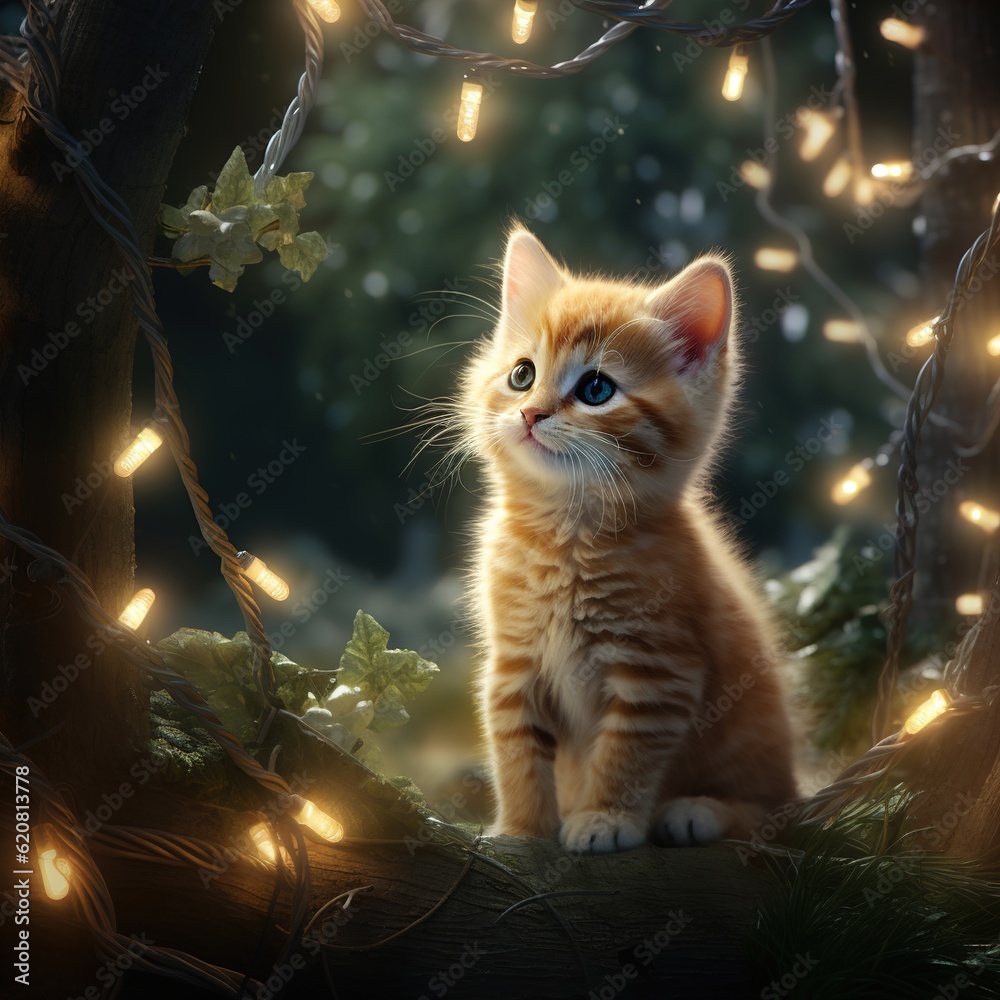 A little kitten under the Christmas tree for Christmas Generative AI