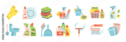 Cleaning supples icon set. Vector illustration of housework concept. Housekeeping items like detergent bottles, laundry, brushes, cloth, bucket and mop in flat style. photo
