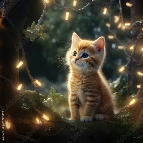 A little kitten under the Christmas tree for Christmas Generative AI