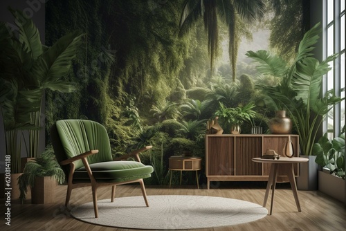 Contemporary living room with tropical forest wallpaper, wooden accents, armchair, and books. 3D render. Generative AI