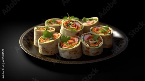 mini rolls with red fish and vegetables buffet menu. Generative AI