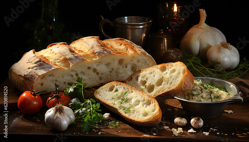 Artistic still life of bread with garlic heads and red tomatoes. Illustration AI photo