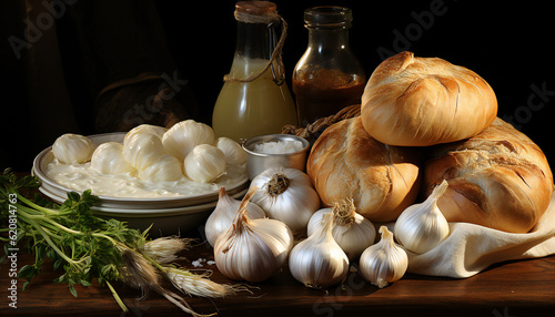 Pictoric still life of garlics heads and bread. Illustration AI photo