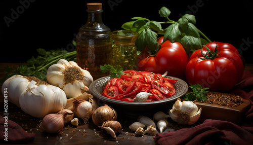 Pictoric still life of red tomato cut in a plate with garlic heads and red tomatoes together a glass jar with olive oil. Illustration AI photo