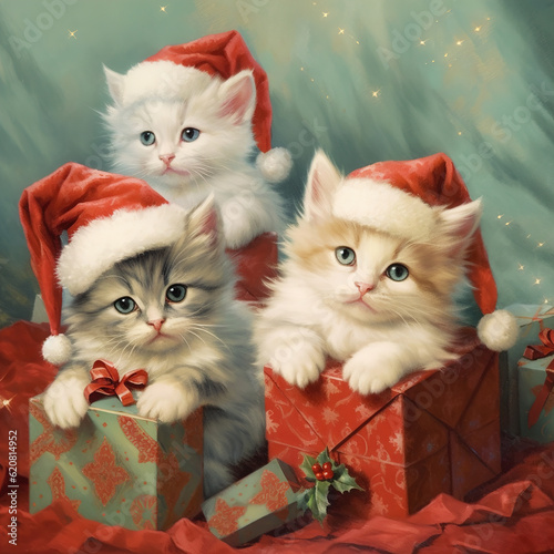 Christmas kittens. gifts, garlands, Christmas, New Year. Generative AI © Irina