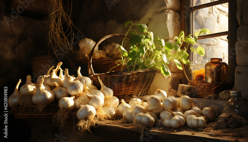 Pictoric still life of garlic heads together a rustic window at sunset. Illustration AI photo