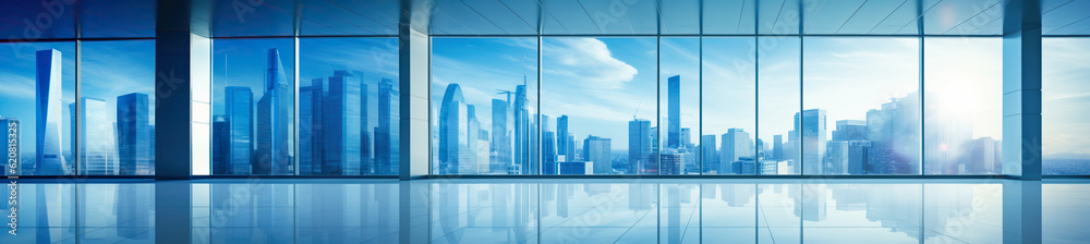 Сity silhouette from windows of an empty modern business office. Abstract business background.	