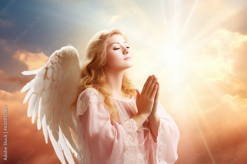 Thank you to God for great is your love. Angel is praying - obrazy, fototapety, plakaty 