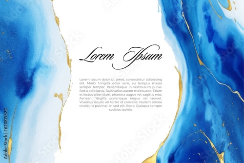 Background blue, abstract background, liquid marble watercolor background with golden lines, stains, splashes of paints 