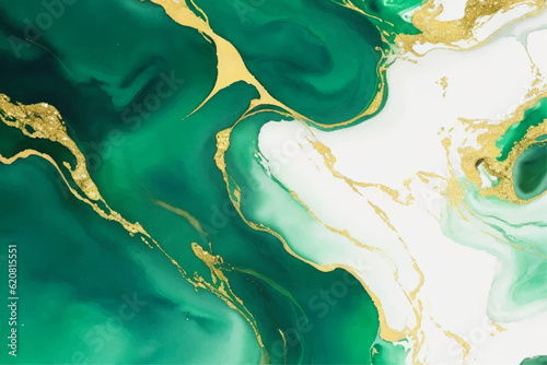 Background green, emerald color, abstract background, liquid marble watercolor background with golden lines, stains, splashes of paints 