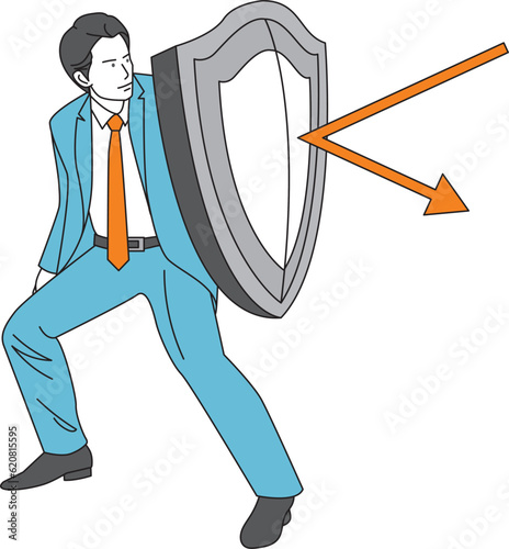 Man in business suit protecting himself with a huge shield