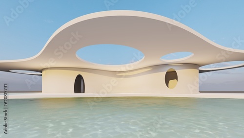 Futuristic minimalist architecture and beautiful seascape 3d render