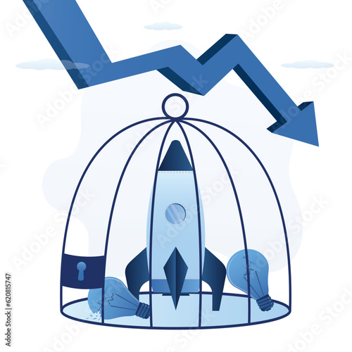 Rocket in steel cage. Problems with launch of new project, lack of funding, economic crisis. Slow startup development, spaceship can not take off. Lack of creativity and innovation hinders business.