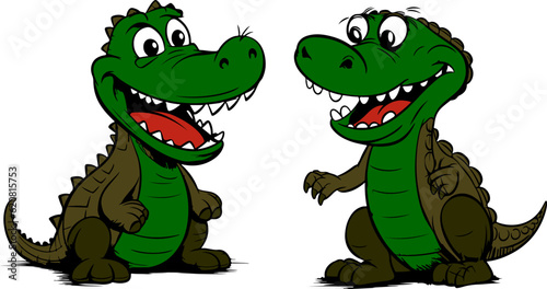 Two happy and funny crocodiles in children's illustration style