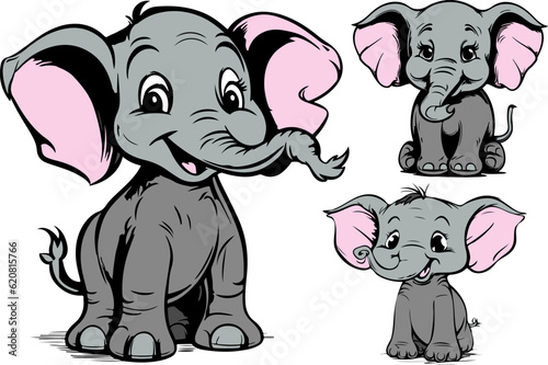 Set of three happy and funny baby elephants in children's illustration style