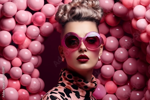 High Fashion Model Girl Portrait wearing sunglasses, Woman with Holiday Leopard Makeup, Bubble , generative AI