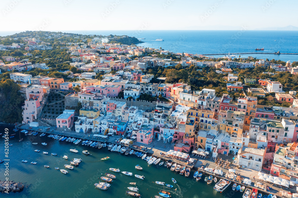 Colored houses and boats in Procida