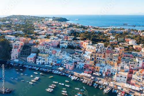 Colored houses and boats in Procida