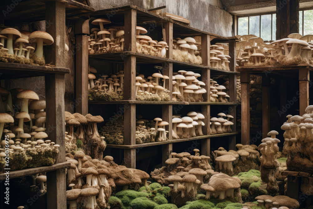Welltended Mushroom Farm With Carefully Stacked Growing Trays. Generative AI