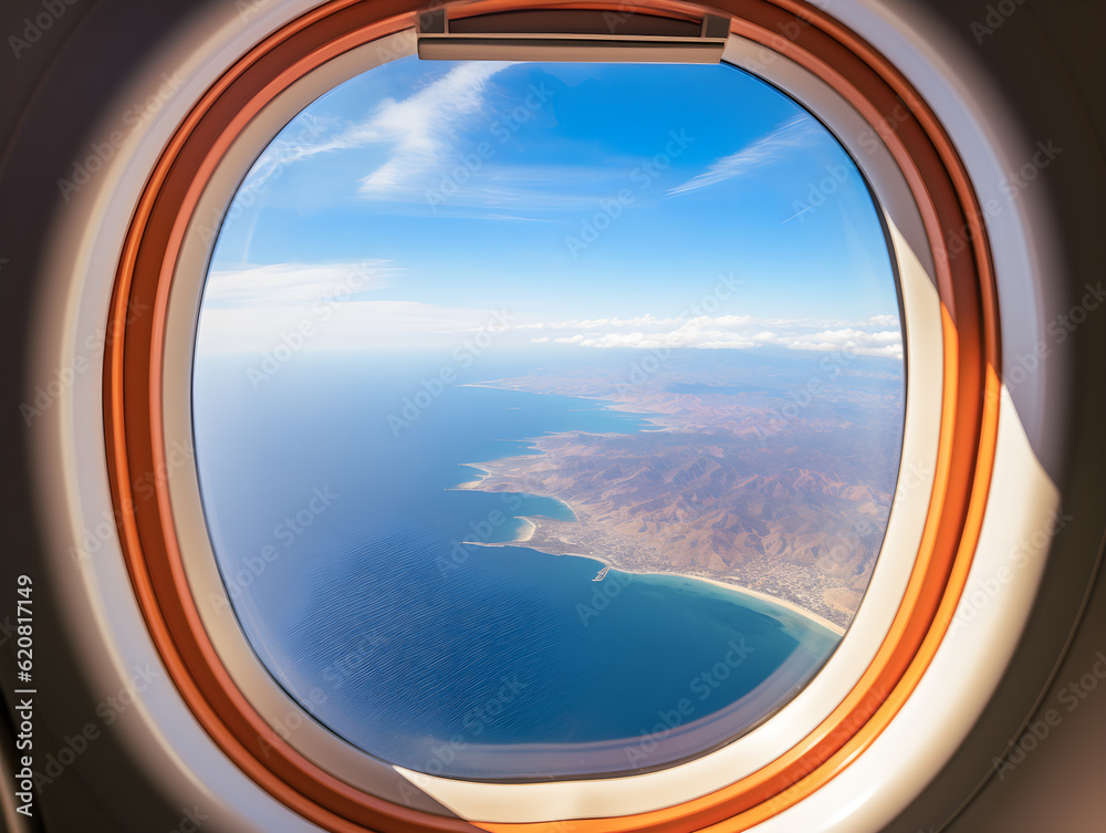 Generative AI Coastal Landscape View from Airplane Window Generative AI Coastal Landscape View from Airplane Window