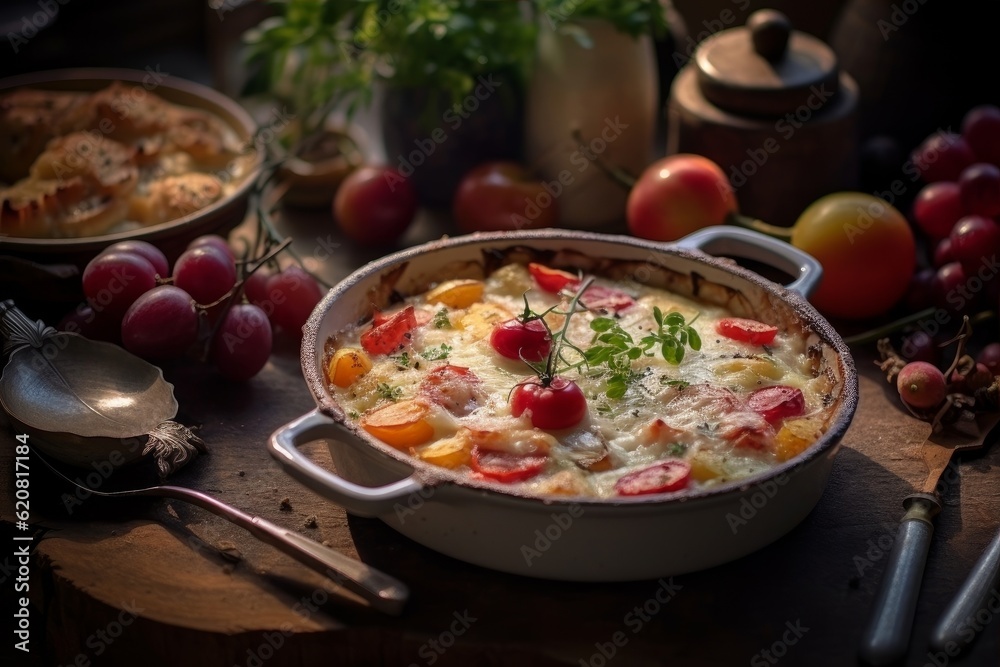 Gratin Savoyard served in a traditional ceramic baking dish, surrounded by colorful vegetables and rustic cutlery Gratin Savoyard served in a traditional ceramic baking dish, surrounded by colorful vegetables and rustic cutlery