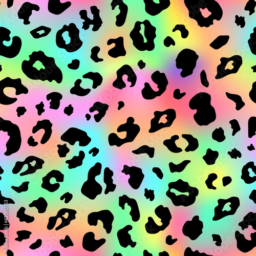 Trendy Neon Leopard seamless pattern. Vector rainbow wild animal leo skin, cheetah texture with black spots on gradient background for fashion print design, textile, wrapping paper