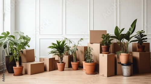 Cardboard boxes with plant  moving to a new house  high quality  Empty living room white walls. Generative Ai.