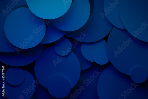 Dark blue gradient abstract background of fly paper circles different size, perspective, top view, top view, backdrop for advertising, design, card, poster, flyer, text in modern fashion trendy style.