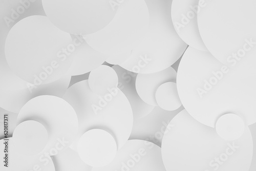 Fotografija White abstract background of soar paper circles pattern of different size, perspective, top view, backdrop for advertising, design, card, poster, flyer, text in elegant soft light minimalistic style