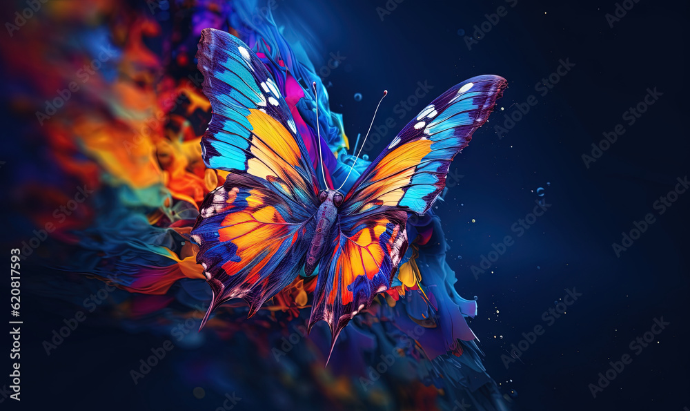  a colorful butterfly flying through the air with a dark background.  generative ai