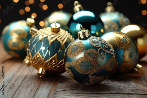 Teal and Gold Festive Background. Premium Christmas Decorations. photo